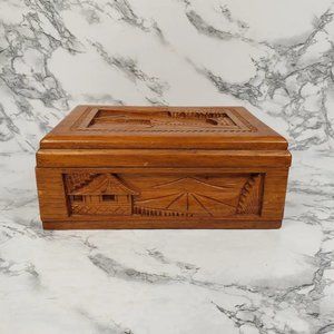 Hand Carved Wood Box Village Scene Vintage